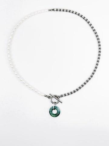 Jade + Pearl Duality Toggle Necklace I - Silver