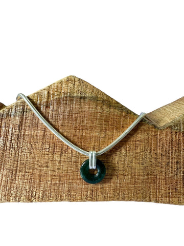 Deep Green Jade Disk Necklace - Silver
