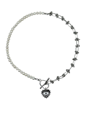 Heart Evil Eye Necklace - Black x Silver