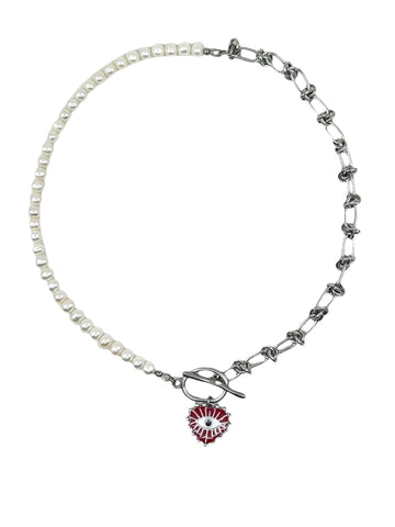 Heart Evil Eye Necklace - Red x Silver